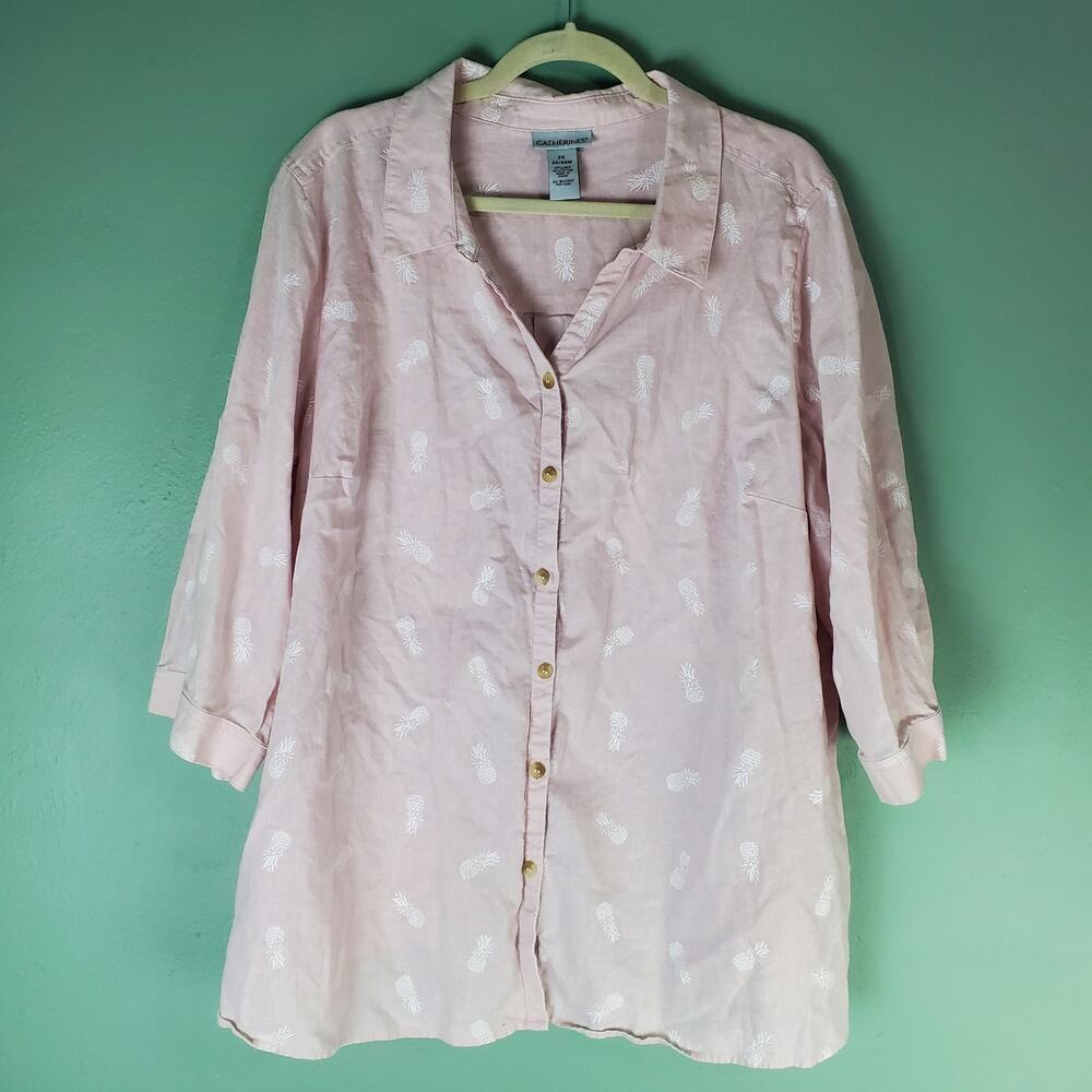 Catherines Womens Pink Pineapple Print No Gap Linen Button Front Shirt Size 2X